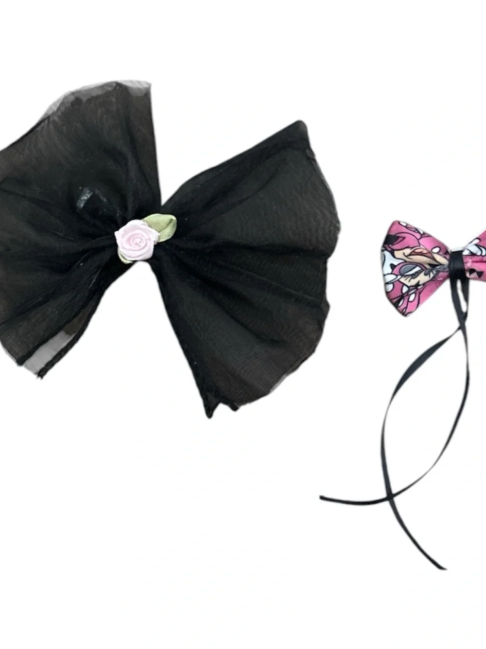 Black Organza Hair Bow with Pink Floral Accent - Kids Hair Accessory
